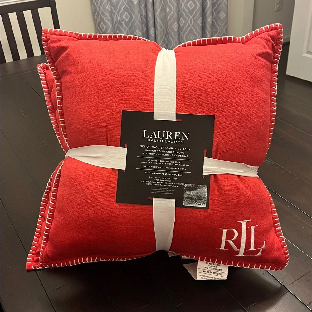 Ralph Lauren Set of 2 Indoor / Outdoor Pillows 20”x20” new red / tomato Patio